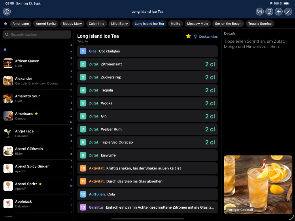 WEBertise Bar auf dem iPad: Rezeptliste, Schritte mit Mengen und Foto des fertigen Cocktails